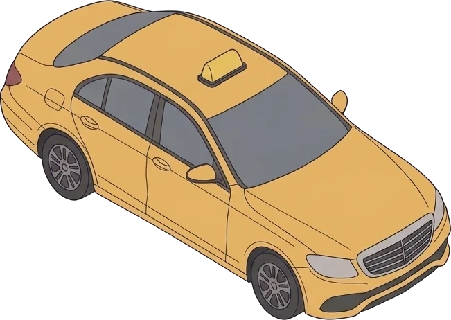 Keltainen sedan-taksi isometrisessä kuvassa, kulkusuunta oikealle alas.