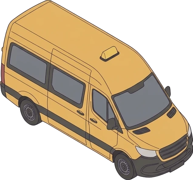 Keltainen tila-auto, esteetön taksi isometrisessä kuvassa.